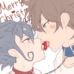  2boys age_difference blue_hair brown_hair chain christmas collar english face food fruit fudou_akio heart ibashi_roni inazuma_eleven_(series) inazuma_eleven_go male_focus merry_christmas messy multiple_boys older revision strawberry tongue tsurugi_kyousuke white_background yaoi 