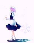  1girl absurdres blue_eyes full_body highres hikiniku juliet_sleeves letty_whiterock long_sleeves mob_cap open_mouth outstretched_hand profile puffy_sleeves purple_hair scarf shadow shoes short_hair skirt snowflake_print snowflakes solo touhou turtleneck vest 