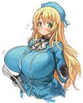  1girl atago_(kantai_collection) black_gloves blush bouncing_breasts breasts flying_sweatdrops gloves green_eyes hat holding huge_breasts impossible_clothes kantai_collection long_hair long_sleeves military military_uniform paper sachito simple_background solo uniform white_background 