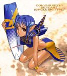  1girl airplane arm_support blue_hair character_name f2y janome_gochou jet mecha_musume military original personification pointy_ears red_eyes revision skirt solo surfboard wristband 