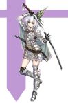  1girl alternate_costume alternate_headwear armor armored_boots armored_dress belt blue_eyes cape dress hairband katana knight konpaku_youmu long_sleeves looking_at_viewer short_hair silver_hair simple_background smile solo sword takemori_shintarou touhou weapon 