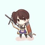  1girl artist_request black_legwear blush bow_(weapon) brown_eyes brown_hair chibi gloves japanese_clothes kaga_(kantai_collection) kantai_collection long_sleeves muneate short_hair side_ponytail simple_background skirt solo thigh-highs weapon 