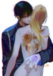  1boy 1girl black_hair blonde_hair fullmetal_alchemist gloves hug long_hair military military_uniform riza_hawkeye roy_mustang short_hair tattoo uniform zwollowz 