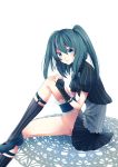  1girl absurdres hatsune_miku highres kneehighs mary_janes masumofu shoes simple_background sitting smile solo striped striped_legwear vertical-striped_legwear vertical_stripes vocaloid white_background 