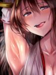  1girl :p arm_up armpits bare_shoulders blush brown_hair detached_sleeves hairband headgear heart heart-shaped_pupils japanese_clothes kantai_collection kongou_(kantai_collection) long_hair looking_at_viewer open_mouth saliva smile solo steam sweat symbol-shaped_pupils tongue tongue_out ulrich_(tagaragakuin) 