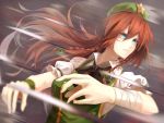  1girl aqua_eyes bandages blood blood_on_face braid bust china_dress chinese_clothes dress fami_(yellow_skies) grazing green_dress hat hong_meiling knife long_hair puffy_short_sleeves puffy_sleeves redhead scratch shirt short_sleeves solo star throwing_knife touhou twin_braids very_long_hair 