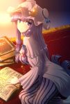  1girl blue_bow blush book bow breasts crescent hair_bow hat highres kezune_(i-_-i) large_breasts long_hair looking_at_viewer patchouli_knowledge purple_hair red_bow solo touhou very_long_hair violet_eyes 