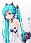  1girl aqua_hair bell bell_collar cat_tail collar covered_navel elbow_gloves gloves green_eyes hatsune_miku headphones highres jingle_bell long_hair looking_at_viewer miu_(angelo_whitechoc) solo tail twintails vocaloid 