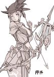  animal_ears bow_(weapon) breasts cat_ears cleavage copyright_name final_fantasy final_fantasy_xiv hat houtengeki looking_at_viewer miqo&#039;te monochrome simple_background solo weapon white_background winking 