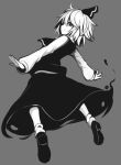  1girl grey_background hair_ribbon looking_at_viewer looking_back monochrome outstretched_arms ribbon rumia shirt short_hair simple_background skirt smile spread_arms tamahana touhou vest 