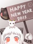  1girl 2015 blush dej_(shiori2525) happy_new_year highres holding horns kantai_collection long_hair looking_at_viewer mittens new_year northern_ocean_hime orange_eyes sheep shinkaisei-kan signpost white_hair white_skin 