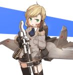  1girl airplane ammunition_belt amonitto ascot black_legwear blonde_hair brown_gloves garter_straps gloves green_eyes gun headset jacket long_sleeves machine_gun open_mouth original personification shorts solo thigh-highs weapon zettai_ryouiki 