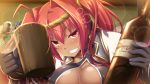  alcohol beer blush breast_press breasts choker cleavage_cutout dark_skin drunk fang game_cg gloves grin looking_at_viewer redhead smile tenbin_no_la_dea_~ikusa_megami_memoria~ twintails 