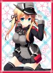  1girl anchor_hair_ornament blonde_hair breasts gloves hat highres kantai_collection long_hair looking_at_viewer military military_uniform peaked_cap prinz_eugen_(kantai_collection) smile solo thigh-highs twintails uniform yuntea 