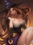  1girl bare_shoulders breasts brown_eyes brown_hair cleavage dated dragon&#039;s_crown hat leg_lift looking_at_viewer sash solo sorceress_(dragon&#039;s_crown) staff thighs witch_hat zhaohe 