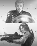  2boys captain_america captain_america_the_winter_soldier cdash817 greyscale gun james_buchanan_barnes marvel mechanical_arm monochrome multiple_boys shield star steve_rogers superhero weapon winter_soldier 