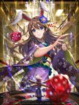  1girl animal_ears blue_eyes brown_hair casino copyright_name dated dice floral_print flower furyou_michi_~gang_road~ hair_flower hair_ornament highres japanese_clothes kimono long_hair parted_lips rabbit rabbit_ears rebecca_myers roulette solo_focus tob 