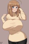  1girl ahoge blue_eyes breasts brown_background brown_hair highres huge_breasts long_hair maru_(maruttona) ooba_minori original simple_background smile solo sweat thigh_gap wide_hips 