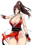  1girl blush breasts brown_eyes brown_hair cleavage fan fatal_fury ishimura_(ishimura-ya) japanese_clothes king_of_fighters large_breasts long_hair ponytail revealing_clothes shiranui_mai solo 