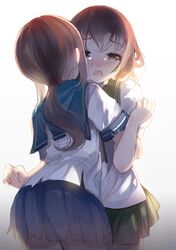  2girls back brown_eyes brown_hair crying fubuki_(kantai_collection) fuyouchu hug kantai_collection multiple_girls mutsuki_(kantai_collection) school_uniform serafuku short_hair tears 