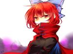  1girl bow bust cape covered_mouth hair_bow kutsuki_kai looking_at_viewer red_eyes redhead sekibanki serious short_hair solo touhou tunic 