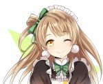  1girl ;) apfl0515 blush bow brown_eyes brown_hair bust closed_mouth collar collared_shirt earrings frilled_sleeves frills hair_bow hair_ribbon half_updo jewelry long_hair looking_at_viewer love_live!_school_idol_project minami_kotori one_eye_closed ribbon side_ponytail simple_background smile solo white_background yellow_eyes 