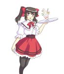 1girl alternate_costume black_hair black_legwear bow capelet food gomi_(gomitin) hair_bow himekaidou_hatate ice_cream looking_at_viewer open_mouth pantyhose puffy_short_sleeves puffy_sleeves shirt short_sleeves skirt solo sundae touhou tray twintails violet_eyes waitress 