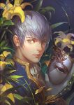 1boy blue_eyes cdash817 cravat flower holding_mask ishida_mitsunari_(sengoku_basara) realistic sengoku_basara silver_hair solo 