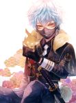  1boy animal_on_shoulder black_gloves blue_hair fox gloves male_focus mask momoshiki_tsubaki nakigitsune necktie seigaiha sheath sheathed solo sword touken_ranbu weapon yellow_eyes 