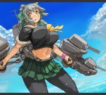  1girl black_legwear blue_sky bouncing_breasts bow breasts clouds crop_top green_skirt grey_hair hair_bow kantai_collection large_breasts letterboxed machinery mound_of_venus navel open_mouth pantyhose pleated_skirt ponytail sachito school_uniform serafuku short_hair short_sleeves skirt sky solo turret water yuubari_(kantai_collection) 