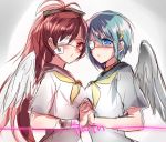  2girls bandaged_arm blue_eyes blue_hair blush bow english eyepatch feathered_wings hair_bow hair_ornament hairclip holding_hands long_hair looking_at_viewer mahou_shoujo_madoka_magica miki_sayaka mizukikushou multiple_girls ponytail red_eyes redhead sakura_kyouko school_uniform serafuku short_hair sketch very_long_hair wings 