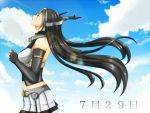  1girl black_gloves black_hair blue_sky closed_eyes dated elbow_gloves fingerless_gloves gloves hands_clasped headgear interlocked_fingers kantai_collection long_hair looking_up nagato_(kantai_collection) navel pleated_skirt praying ro-fa skirt sky solo very_long_hair wind 