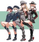  bare_shoulders beret bismarck_(kantai_collection) blonde_hair detached_sleeves green_eyes grey_hair gufu6 hat kantai_collection kneehighs one_leg_raised peaked_cap pink_hair prinz_eugen_(kantai_collection) thigh-highs twintails uniform z1_leberecht_maass_(kantai_collection) z3_max_schultz_(kantai_collection) 