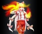  1girl black_background bow clenched_hand collared_shirt cowboy_shot fire fujiwara_no_mokou hair_bow hair_ribbon light_smile long_hair looking_at_viewer red_eyes red_pants rens_(pixiv) ribbon shirt short_sleeves simple_background small_breasts solo standing suspenders touhou tress_ribbon very_long_hair wallpaper white_hair white_shirt 