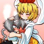  2girls ^_^ animal_ears basket between_breasts blonde_hair blush breasts capelet closed_eyes commentary commentary_request dress full-face_blush grey_hair head_between_breasts height_difference hug inunoko. large_breasts mouse_ears mouse_tail multicolored_hair multiple_girls nazrin nervous_smile partially_translated petting red_eyes shawl smile streaked_hair tail toramaru_shou touhou translation_request wavy_mouth wide_sleeves 