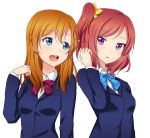  2girls alternate_hairstyle blue_eyes hairstyle_switch kousaka_honoka love_live!_school_idol_project multiple_girls nishikino_maki open_mouth orange_hair redhead school_uniform side_ponytail simple_background sowki violet_eyes white_background 