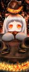  1girl dej_(shiori2525) fang highres horns kantai_collection long_hair looking_at_viewer machinery mittens northern_ocean_hime open_mouth orange_eyes pale_skin shinkaisei-kan silver_hair solo turret 