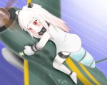  1girl :&gt; ahoge airplane amezuku blush dress horns kantai_collection long_hair mittens northern_ocean_hime object_hug pale_skin red_eyes reppuu_(kantai_collection) riding smile solo white_dress white_hair 