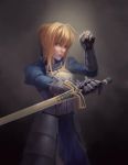  1girl absurdres ahoge armor blonde_hair fate/stay_night fate_(series) gauntlets green_eyes highres saber solo sword w.t weapon 