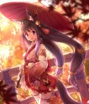  1girl animal_ears autumn_leaves bell black_hair fang fox_ears fox_tail hair_bell hair_ornament highres long_hair looking_at_viewer mole open_mouth original smile tail thigh-highs traditional_clothes twintails umbrella violet_eyes yellowpaint. 