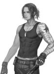  1boy captain_america_the_winter_soldier cdash817 dog_tags greyscale james_buchanan_barnes marvel mechanical_arm monochrome ponytail realistic short_hair solo tank_top winter_soldier 