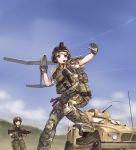  2girls absurdres backpack bag blonde_hair blue_eyes blush brown_hair camouflage clouds condensation_trail drone gloves gun headset helmet highres horizon humvee knee_pads load_bearing_vest long_hair m249 machine_gun magazine_(weapon) military military_uniform motor_vehicle multiple_girls original pouch short_hair sleeves_rolled_up soldier standing_on_one_leg tc1995 throwing torn_clothes torn_sleeves uniform vehicle weapon 