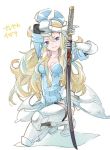  armor blonde_hair blue_eyes bravely_second breasts cleavage edea_lee gauntlets katana sheath shuri_(84k) sword thigh-highs unsheathing weapon 