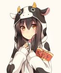  1girl akagi_(kantai_collection) alternate_costume animal_costume blush brown_eyes brown_hair bust cow_costume food food_on_face kantai_collection long_hair looking_at_viewer potato_chips shuuichi simple_background sleeves_past_wrists solo white_background 
