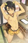  1boy arms_up barefoot black_eyes black_hair bulge calendar_(object) from_above jewelry kneeling kotatsu looking_at_viewer male_focus navel necklace nipples no_pants original rand_(artist) shirtless short_hair solo table underwear underwear_only 