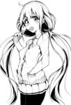  1girl candy cardigan lollipop long_hair mokufuu monochrome pantyhose school_uniform solo twintails 