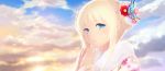  1girl blonde_hair blue_eyes boku_wa_tomodachi_ga_sukunai butterfly_hair_ornament cait clouds hair_ornament hands_together highres japanese_clothes kashiwazaki_sena looking_at_viewer profile sky solo 