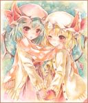  2girls :o ascot bat_wings blonde_hair blue_background blue_hair blush cardigan cold colored_pencil_(medium) flandre_scarlet hands_together hat hat_ribbon hoppesatou looking_at_viewer marker_(medium) mittens mob_cap multiple_girls one_eye_closed red_eyes remilia_scarlet ribbon scarf shared_scarf short_hair siblings sisters smile snowing star touhou traditional_media watercolor_(medium) wings 