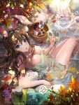  1girl animal_ears autumn_leaves bare_shoulders blue_eyes breasts brown_hair bucket card cleavage from_above furyou_michi_~gang_road~ hairband highres large_breasts long_hair naked_towel onsen playing_card rabbit_ears sitting solo tob towel water wet 