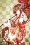  1girl brown_hair checkered checkered_background detached_sleeves flower hair_flower hair_ornament hairpin highres japanese_clothes kantai_collection kenzaki_raki kimono long_hair obi oriental_umbrella petals ponytail sash smile solo umbrella yamato_(kantai_collection) 